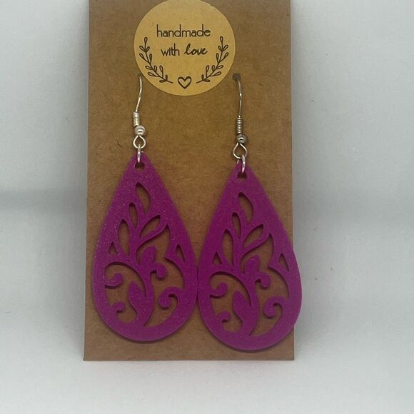 Purple Teardrop Earrings 3d printed, made is USA, handmade, .925 ss hooks - Picture 5 of 6